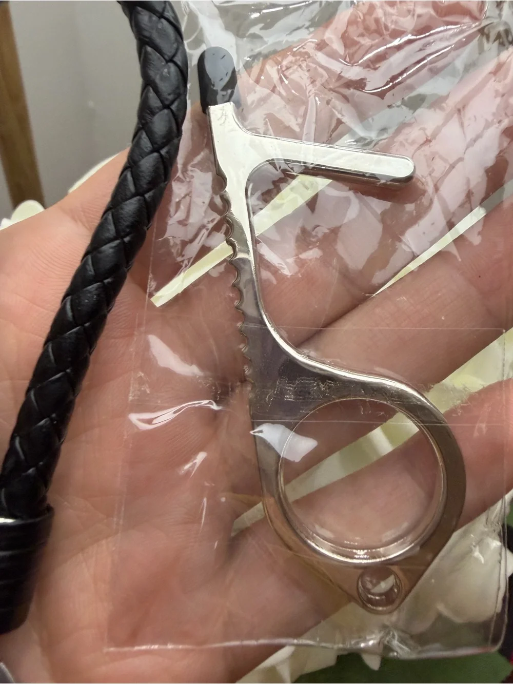 Coach Braided Leather Loop Keyring - Black with Silver Hardware
